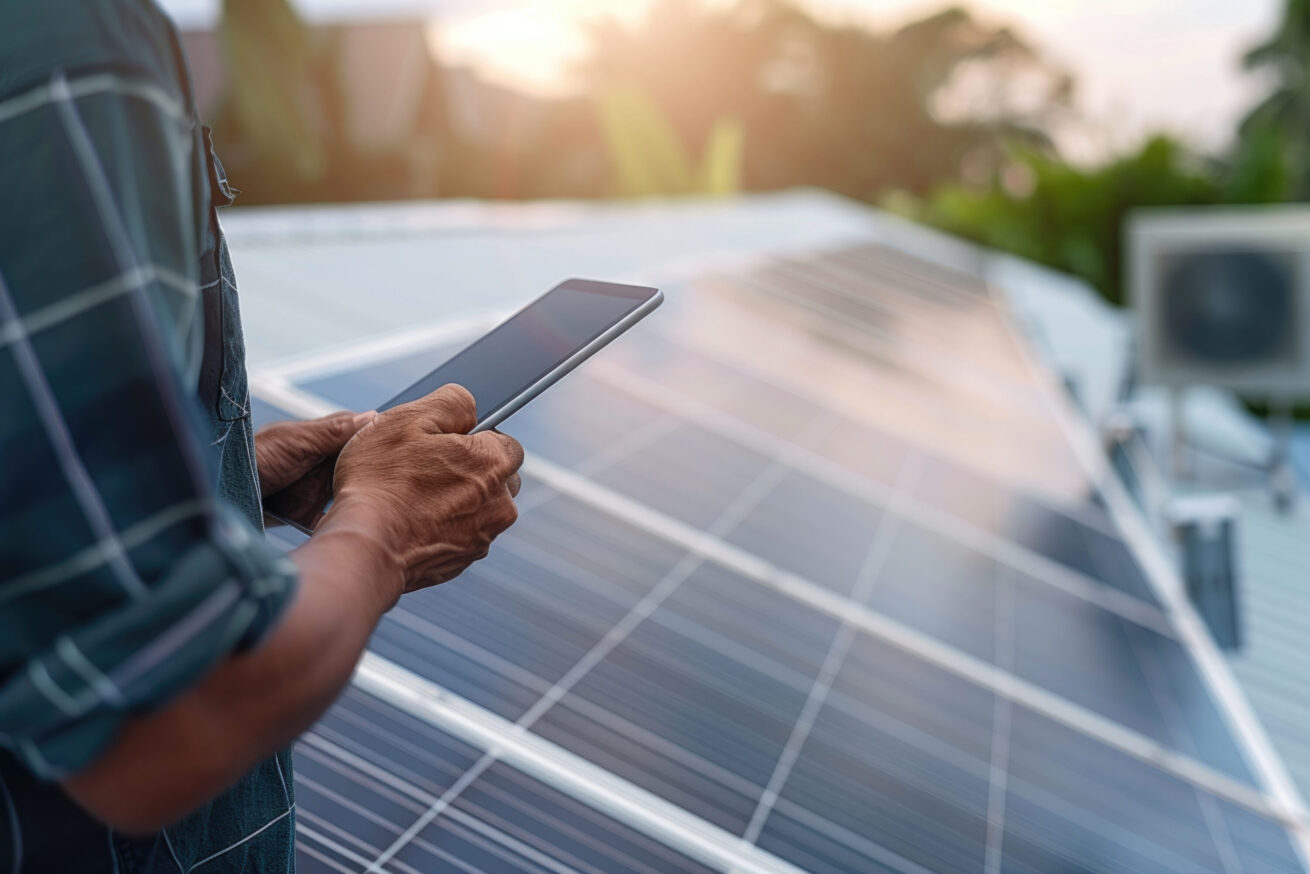 Person mit Tablet überwacht Solarpanels auf einem Hausdach