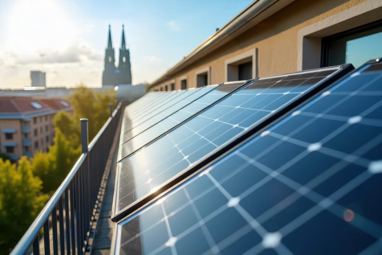 Photovoltaikanlage auf Dach mit Kölner Skyline im Hintergrund.