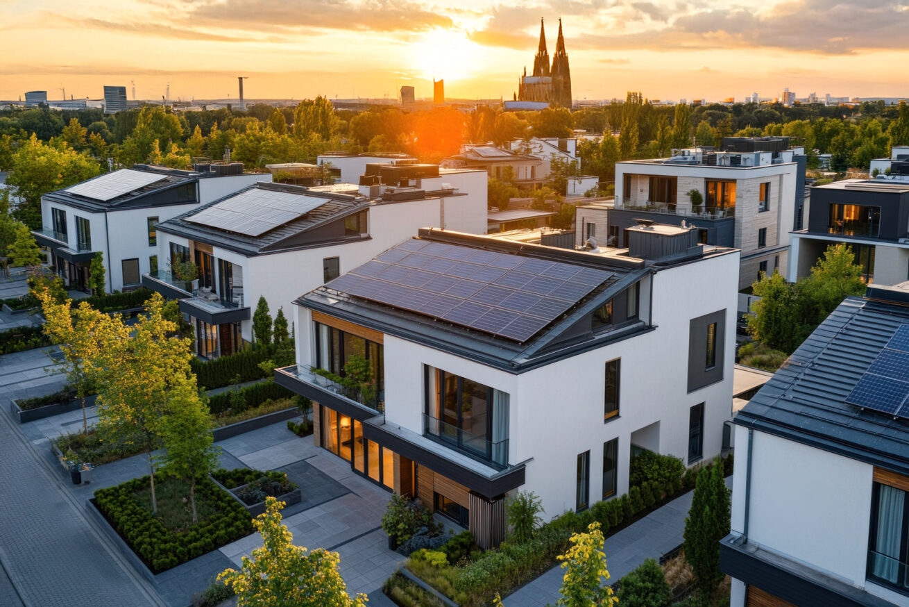Wohnsiedlung mit Photovoltaikanlagen und Kölner Dom im Hintergrund.