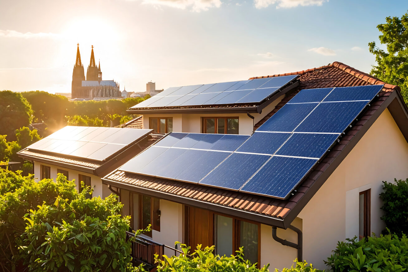 aus mit Photovoltaikanlage vor Kölner Dom im Sonnenuntergang.