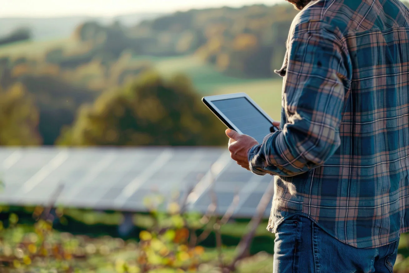 Mann kontrolliert Photovoltaikanlage mit Tablet – Monitoring Köln.
