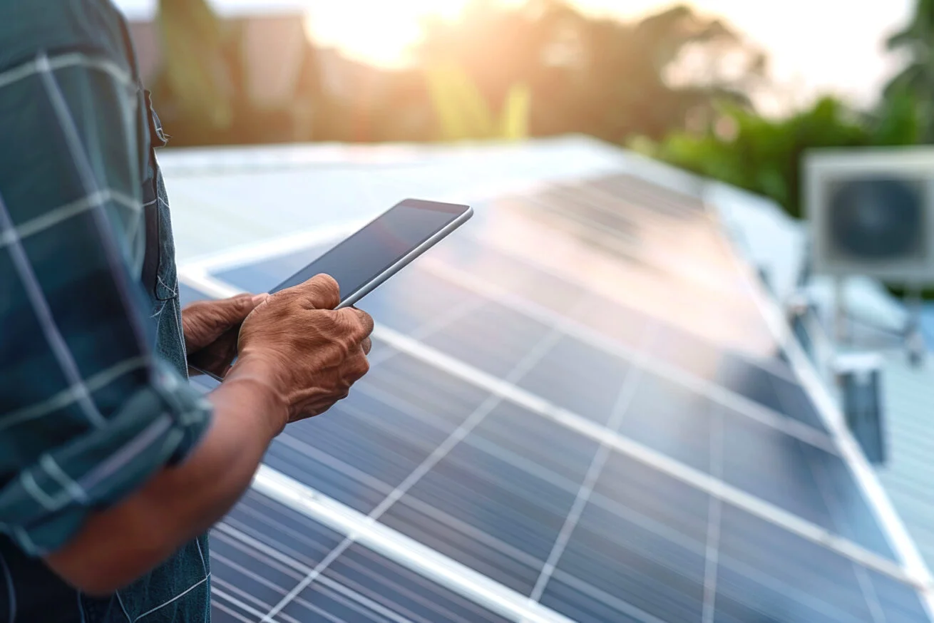 Person überwacht Photovoltaikanlage mit Tablet – Netzkoppelung Köln.