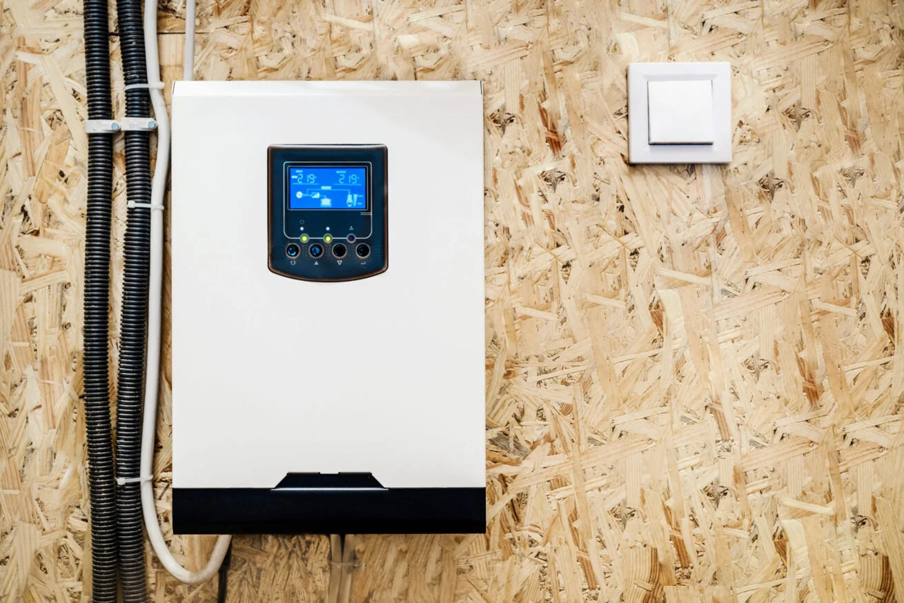 Weißer Solarstromspeicher mit Display an einer Holzwand – Qualitäts-Speicher Köln.