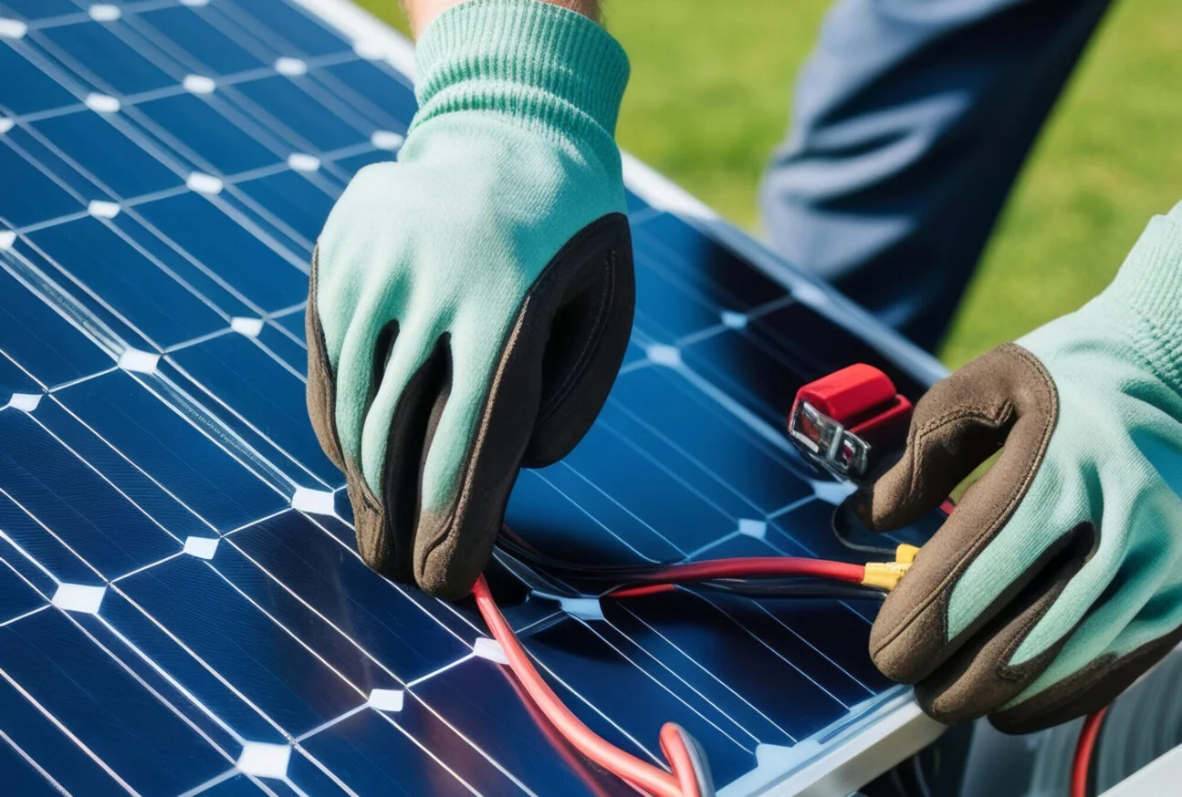 Monteur überprüft Verkabelung einer Solaranlage – Wartung Photovoltaikanlage Köln.